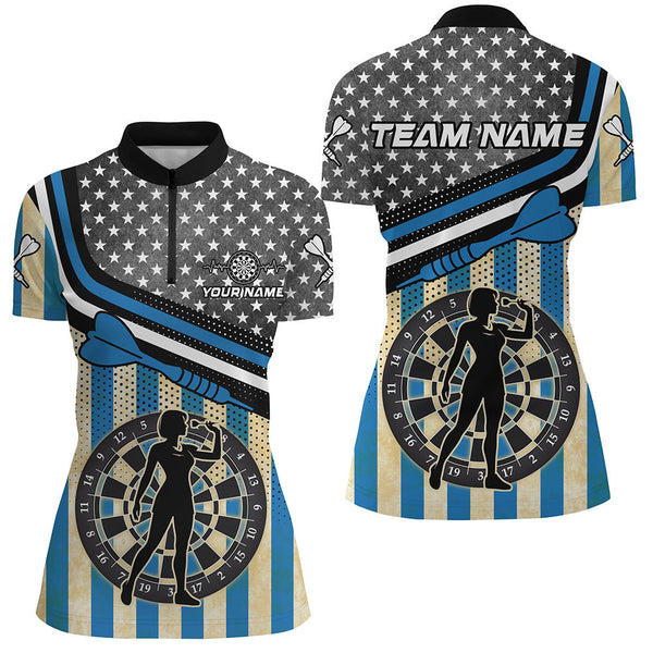 Personalized Blue Retro American Flag Darts Shirts For Women Custom Patriotic Darts Player Jerseys TDM1992