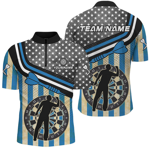 Personalized Blue Retro American Flag Darts Shirts For Men Custom Patriotic Darts Player Jerseys TDM1992
