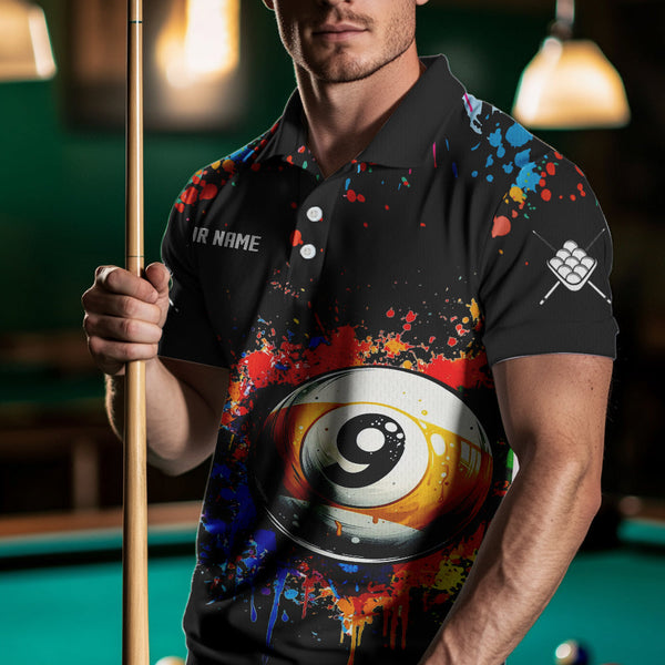Funny 9 Ball Pool Colorful Paint Splash Custom Billiard Shirt For Men, Billiard Team Jersey | Black TDM3702