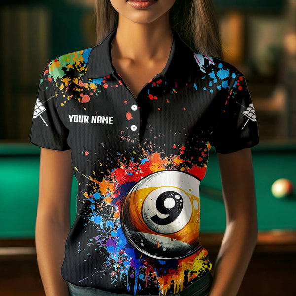 Funny 9 Ball Pool Colorful Paint Splash Custom Billiard Shirt For Women, Billiard Team Jersey | Black TDM3702