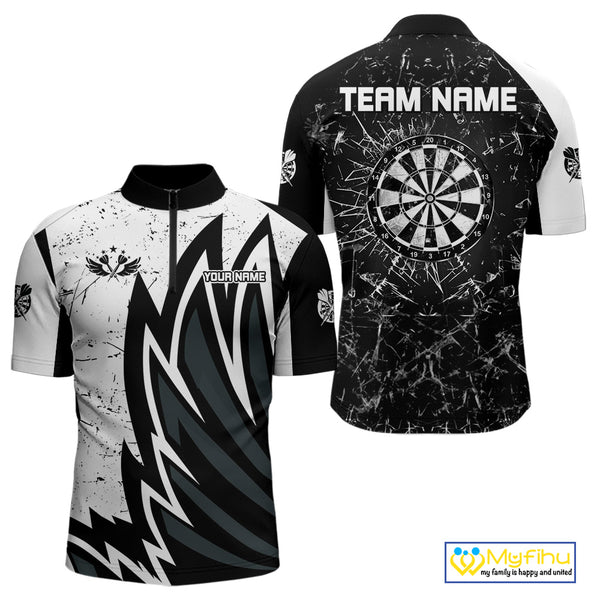 Personalized Black White Break Glass Dart Shirts For Men Custom Wings Dart Jersey Polo & 1/4 Zip TDM3881