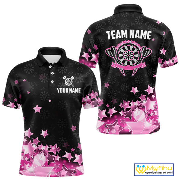 Funny Custom Dart Shirt For Men, Pink Black Glowing Star Pattern Darts Polo & Quarter Zip TDM3885