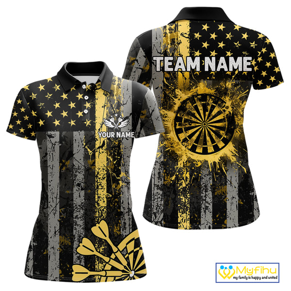 Custom Gold Grunge US Flag Patriotic Darts Shirt For Women, Retro Darts Board Darts Team Jerseys TDM3972