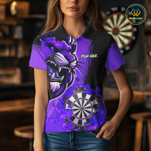 Purple Funny Darts Flame Lion Custom Polo & Quarter-Zip, Personalized Women Dart Shirts Dart Jerseys TDM3973