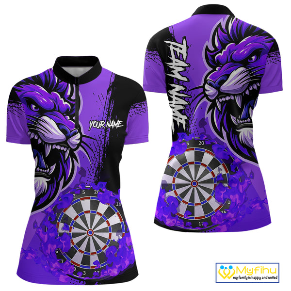 Purple Funny Darts Flame Lion Custom Polo & Quarter-Zip, Personalized Women Dart Shirts Dart Jerseys TDM3973
