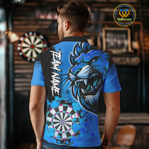 Blue Funny Darts Flame Lion Custom Polo & Quarter-Zip, Personalized Men Dart Shirts Dart Jerseys TDM3974