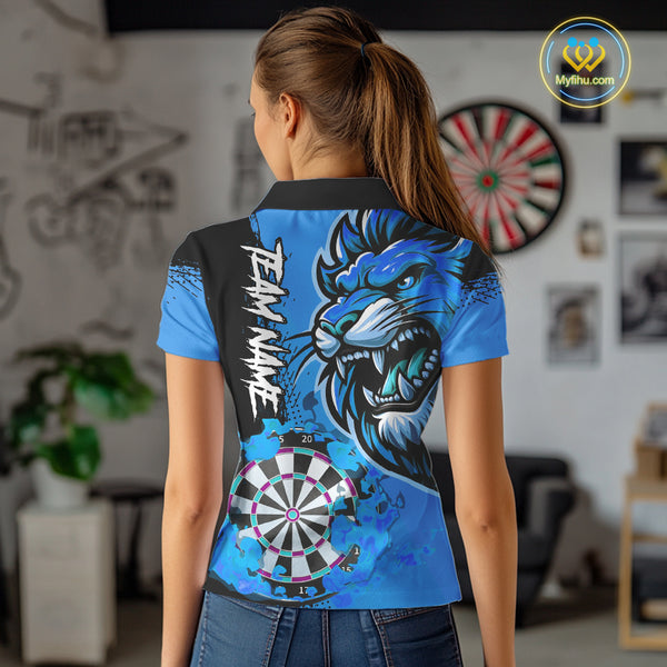 Blue Funny Darts Flame Lion Custom Polo & Quarter-Zip, Personalized Women Dart Shirts Dart Jerseys TDM3974