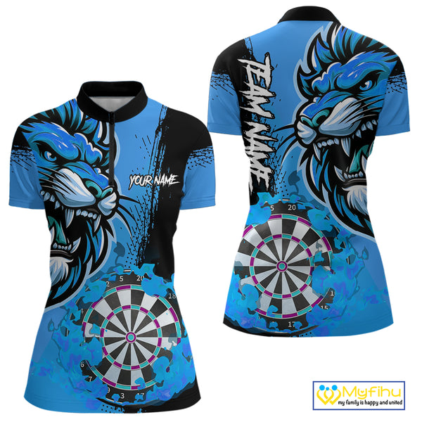 Blue Funny Darts Flame Lion Custom Polo & Quarter-Zip, Personalized Women Dart Shirts Dart Jerseys TDM3974