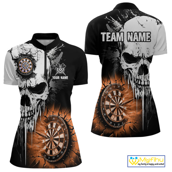 Personalized Grunge Skull Crack Wall Women Dart Shirts Custom Darts League Team Jerseys |Orange TDM3975