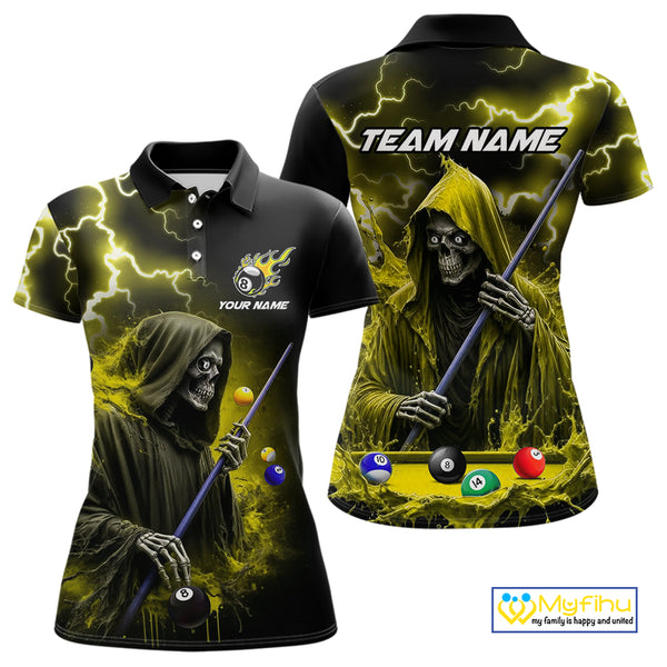 Yellow Grim Reaper Billiard Shirts For Women Custom Thunder Lightning Team League Billiard Jerseys TDM3986