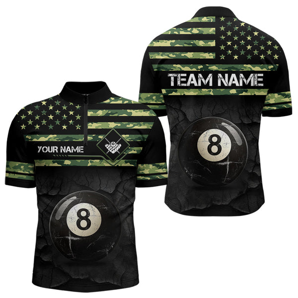 Customized Retro 8 Ball Pool Green Camo US Flag Billiard Shirts For Men, Patriotic Billiard Jerseys TDM3566