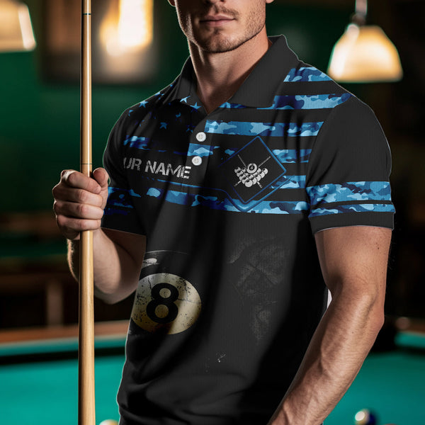 Customized Retro 8 Ball Pool Blue Camo US Flag Billiard Shirts For Men, Patriotic Billiard Jersey TDM3567