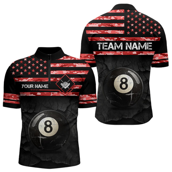 Customized Retro 8 Ball Pool Red Camo US Flag Billiard Shirts For Men, Patriotic Billiard Jerseys TDM3568