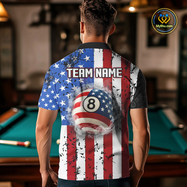 American Flag 8 Ball Smoke Billiard Shirts For Men Custom Patriotic Pool Team Jerseys TDM3997