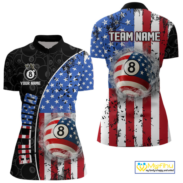 American Flag 8 Ball Smoke Billiard Shirts For Women Custom Patriotic Pool Team Jerseys TDM3997