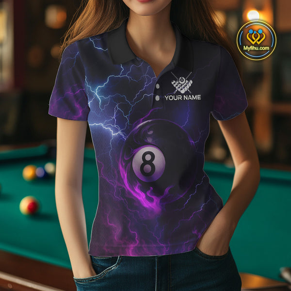 Personalized 3D Purple Billiard Jerseys For Women, Lightning 8 Ball Pool Billiard Team Shirts TDM4010