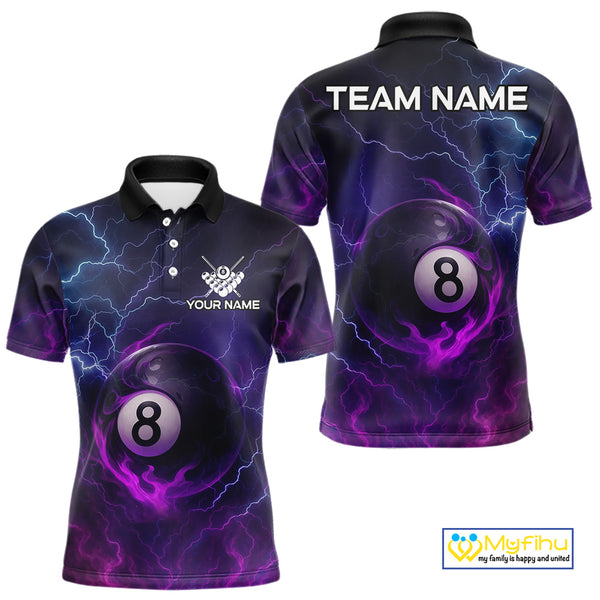 Personalized 3D Purple Billiard Jerseys For Men, Lightning 8 Ball Pool Billiard Team Shirts TDM4010