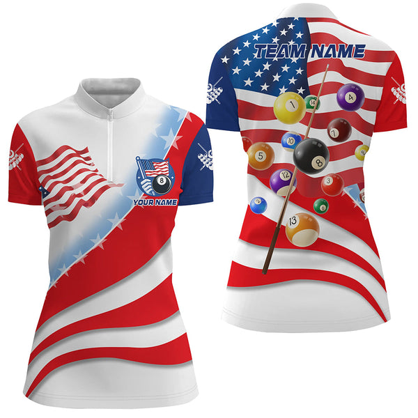 Personalized 3D Billiard Balls American Flag Pool Shirts For Women, Patriotic Billiard Team Jerseys TDM2028