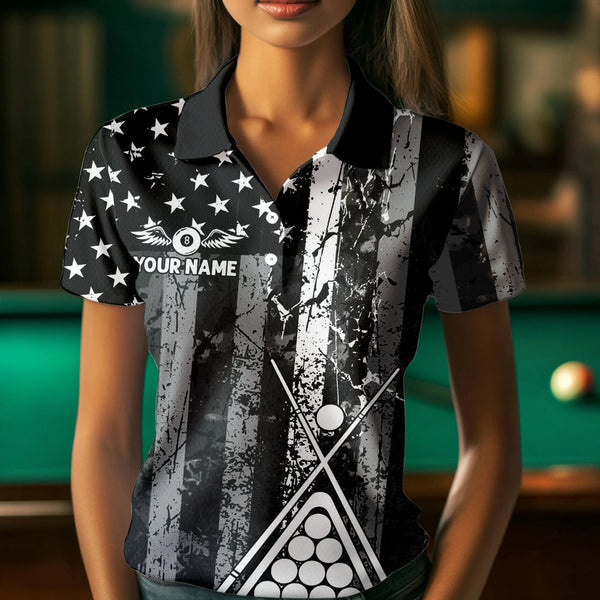 Black White 8 Ball Wings Grunge US Flag Patriotic Billiard Shirts For Women Custom Billiard Jerseys TDM3572