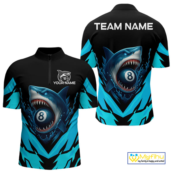 Personalized Blue 8 Ball Pool Billiard Shark Polo & 1/4 Zip For Men, Billiard Team Pool Jerseys TDM4013