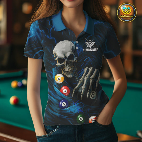 Personalized Blue Funny Skeleton Pool Balls Billiard Shirt For Women, Skull Billiard Team Jerseys TDM4368