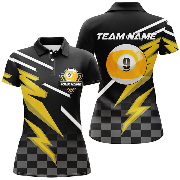 Personalized 9 Ball Pool Tournament Billiards Shirts For Women, Yellow Black 9 Ball Billiard Jerseys TDM1837
