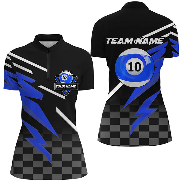Personalized 10 Ball Pool Tournament Billiards Shirts For Women, 10 Ball Billiard Blue Team Jerseys TDM1838
