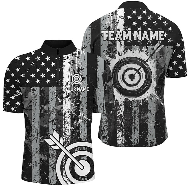 Custom Black Grunge USA Flag Archery Shirts For Men, Patriotic American Archery Team Jerseys TDM3242