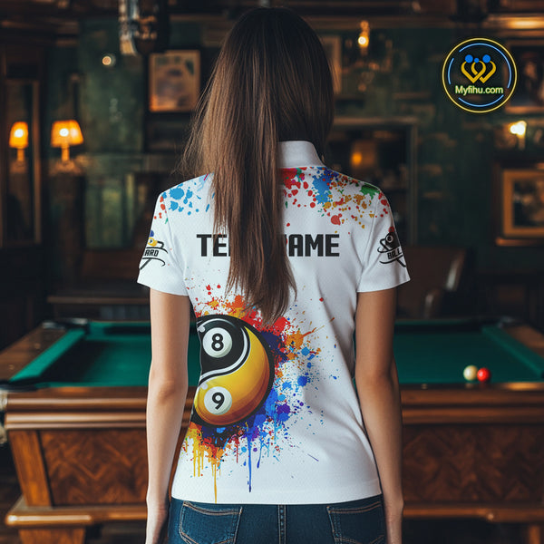 Funny Yin Yang 8 Ball & 9 Ball Colorful Splash Custom Women's Billiard Shirts, Pool Jerseys|White TDM4018