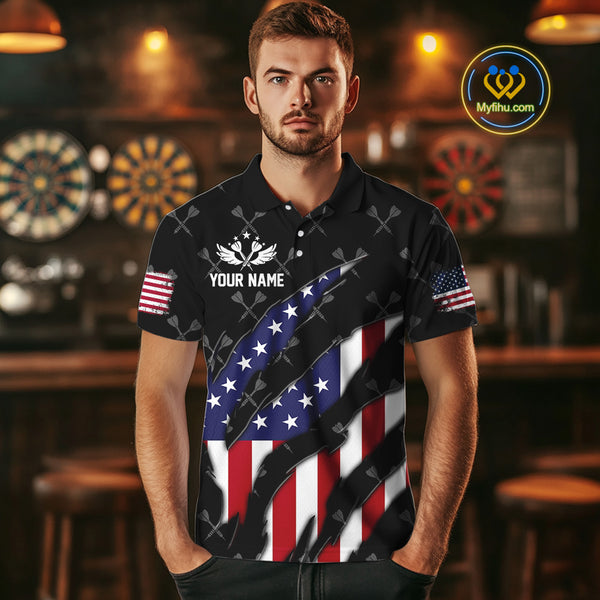 Personalized American Flag Patriotic Dart Shirts For Men – Darts Team Jerseys Polo & 1/4 Zip|Black TDM4025