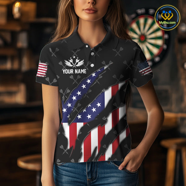 Personalized American Flag Patriotic Dart Shirts For Women – Darts Team Jerseys Polo & 1/4 Zip|Black TDM4025
