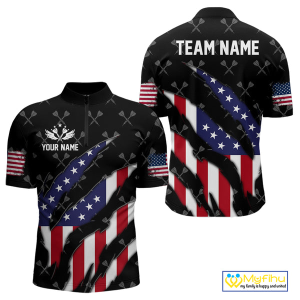 Personalized American Flag Patriotic Dart Shirts For Men – Darts Team Jerseys Polo & 1/4 Zip|Black TDM4025