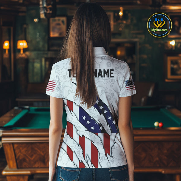 Personalized American Flag Billiard Shirts For Women, Patriotic 8 Ball Pool Team Jersey | White TDM4026