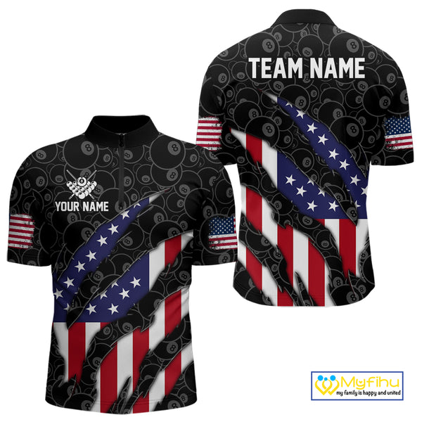 Personalized American Flag Billiard Shirts For Men, Patriotic 8 Ball Pool Team Jersey | Black TDM4027