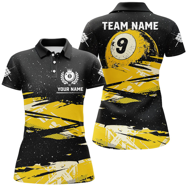 Custom Yellow Grunge Billiard 9 Ball Pool Women Polo/ Quarter-Zip Shirts, 9 Ball Billiard Jerseys TDM2060