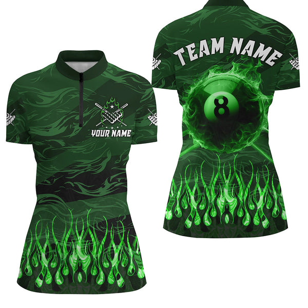Personalized Green Flaming 8 Ball Pool Fire Billiard Shirts For Women Team League Billiard Jersey TDM3254