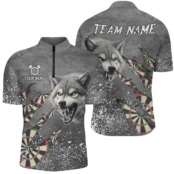 Personalized Grey Grunge Wolf Dart Shirts For Men, Darts League Team Shirts Cool Dart Jerseys TDM3317