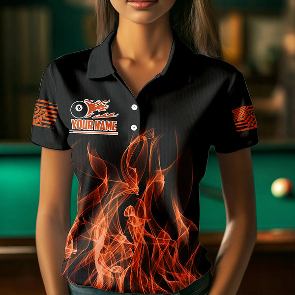 3D Orange Flaming American Flag Women Billiard Shirt Custom Patriotic Pool Player Billiard Jersey TDM3453