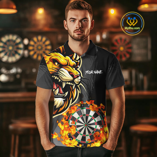 Funny Darts Flame Lion Custom Polo & Quarter-Zip, Personalized Men Dart Shirts Dart Jerseys TDM4033