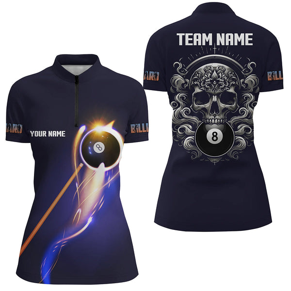 Personalized Glowing 8 Ball Pool Billiard Shirts For Women Custom Skull Billiard Jersey, Pool Uniform TDM2061