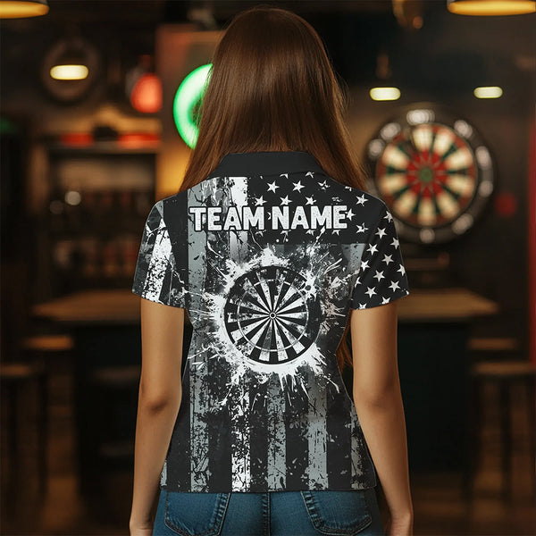 Custom Black Grunge US Flag Patriotic Darts Shirt For Women, Retro Darts Board Darts Team Jerseys TDM2273