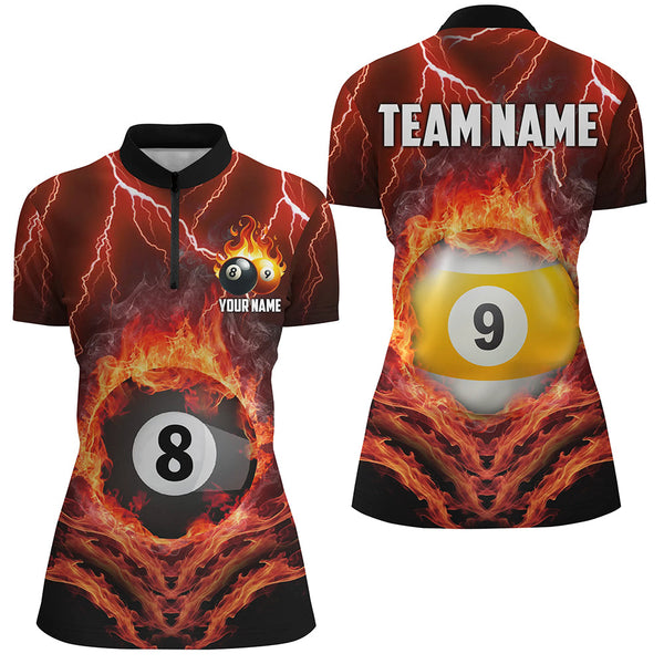 Billiard 8 Ball & 9 Ball Fire Lightning Women Polo & 1/4 Zip Shirts Custom Billiard Jersey |Orange TDM1642