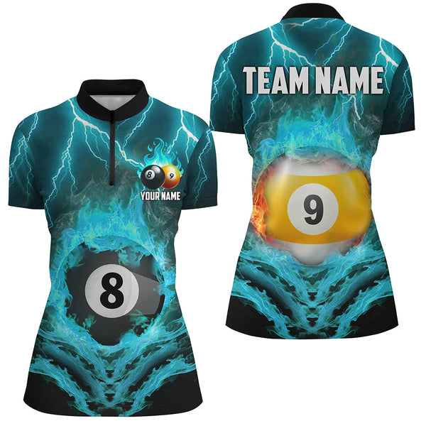 Billiard 8 Ball & 9 Ball Fire Lightning Women Polo & 1/4 Zip Shirts Custom Billiard Jersey |Turquoise TDM1644