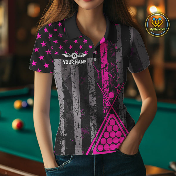 Custom Pink Grunge US Flag Patriotic Billiard Shirts For Women, Retro 8 Ball Pool Billiard Jersey TDM4045