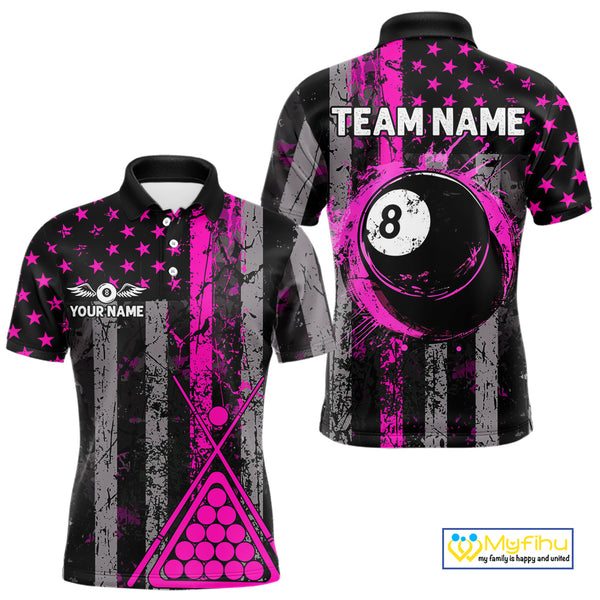 Custom Pink Grunge US Flag Patriotic Billiard Shirts For Men, Retro 8 Ball Pool Billiard Jersey TDM4045