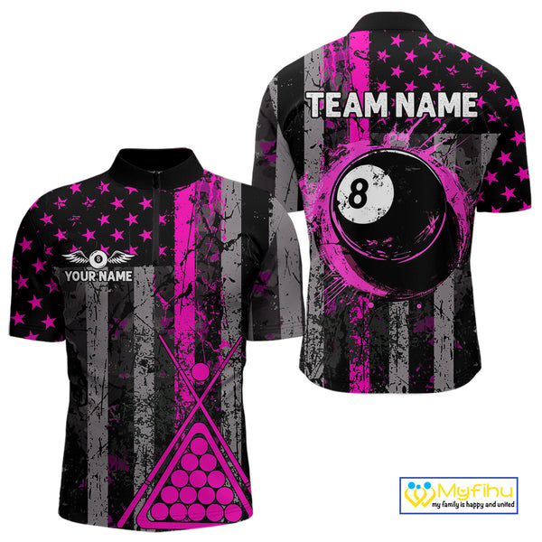 Custom Pink Grunge US Flag Patriotic Billiard Shirts For Men, Retro 8 Ball Pool Billiard Jersey TDM4045
