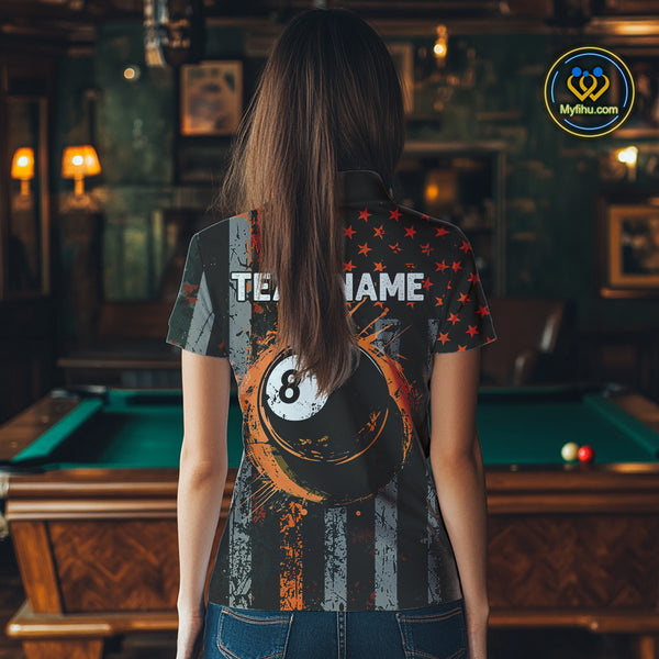Custom Orange Grunge US Flag Patriotic Billiard Shirts For Women, Retro 8 Ball Pool Billiard Jersey TDM4046