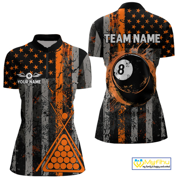 Custom Orange Grunge US Flag Patriotic Billiard Shirts For Women, Retro 8 Ball Pool Billiard Jersey TDM4046