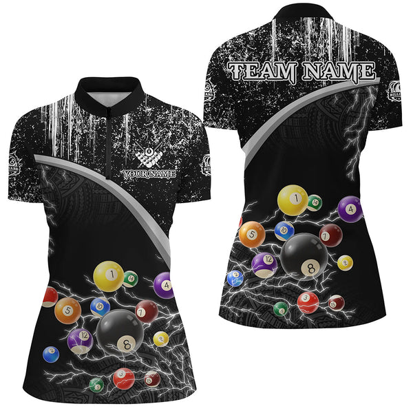 Personalized Black White Grunge Lightning Billiard Shirts For Women, 3D Pool Ball Billiard Jerseys TDM3278