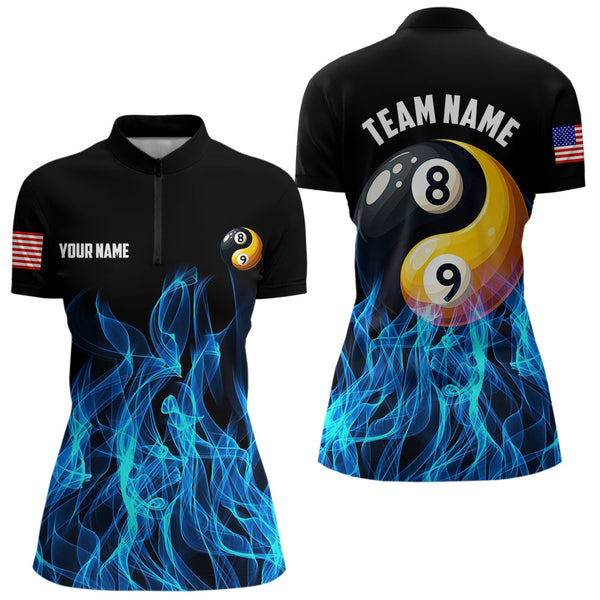 Blue Flaming Ying And Yang 8 Ball & 9 Ball Billiard Shirts For Women Custom Pool Billiard Jerseys TDM3617